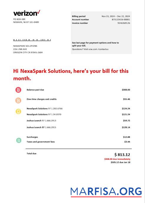 Downloadable USA Verizon telecommunications business utility bill template in Word and PDF formats